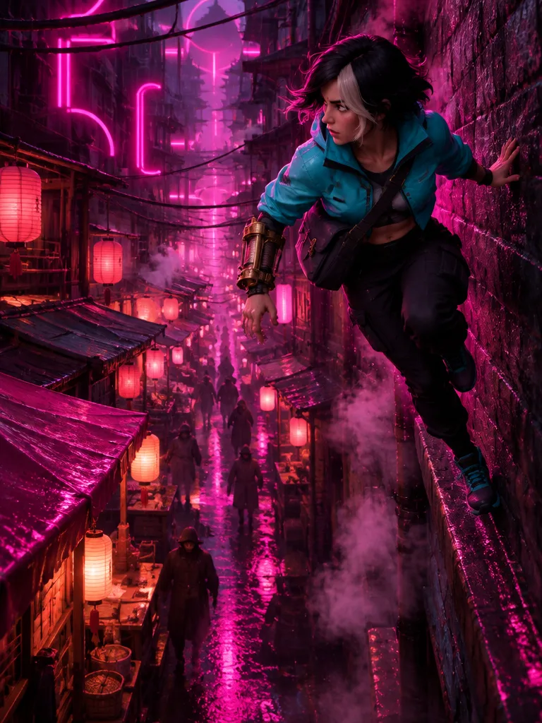 Juno berlari di dinding gang pasar malam Afterglow yang penuh lampion dan tabung neon magenta.