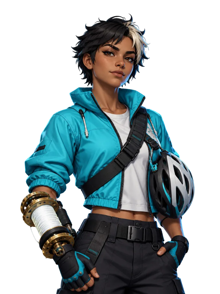 Juno Vale dari Daylight: rambut hitam pendek dengan sejumput pirang, jaket windbreaker cyan, helm sepeda di tali tas, gulungan tambatan kuningan di lengan kanan.