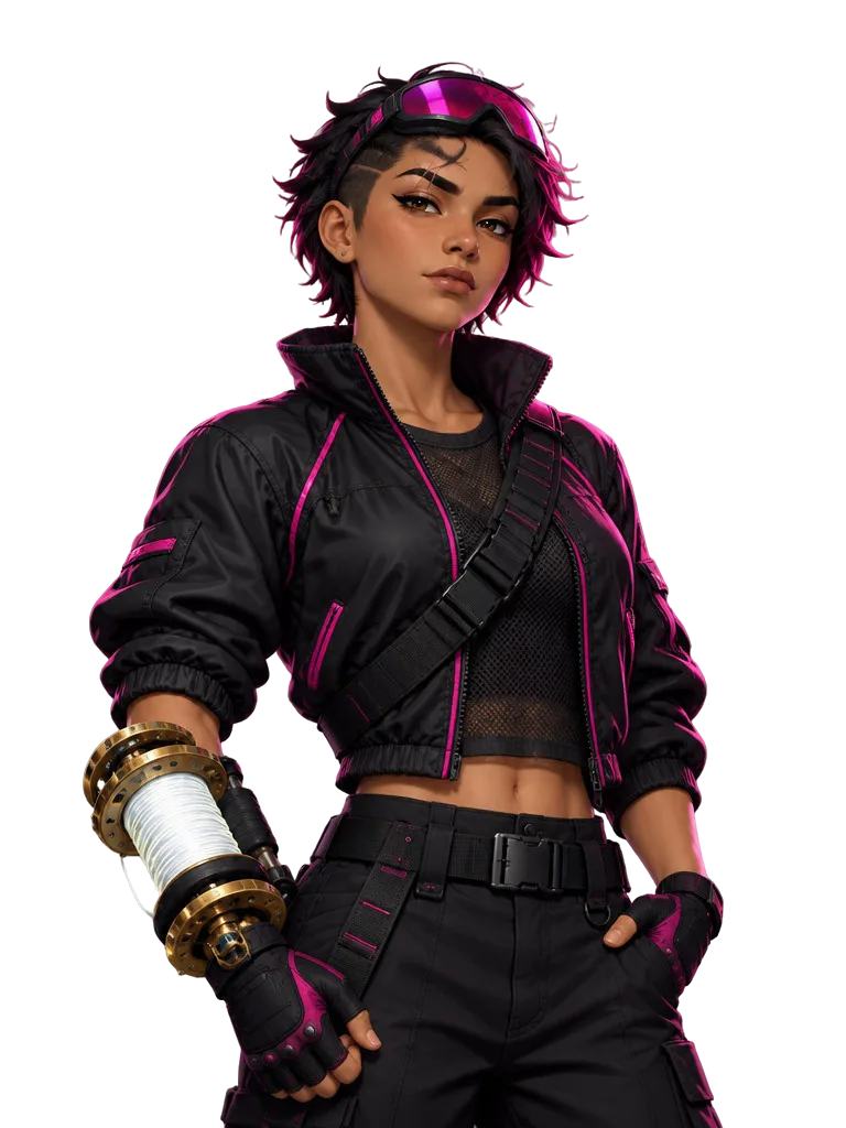 Juno Vale dari Afterglow: rambut disisir ke samping dengan ujung magenta, kacamata visor di kepala, jaket bomber hitam berpipa magenta, gulungan tambatan di lengan kanan.