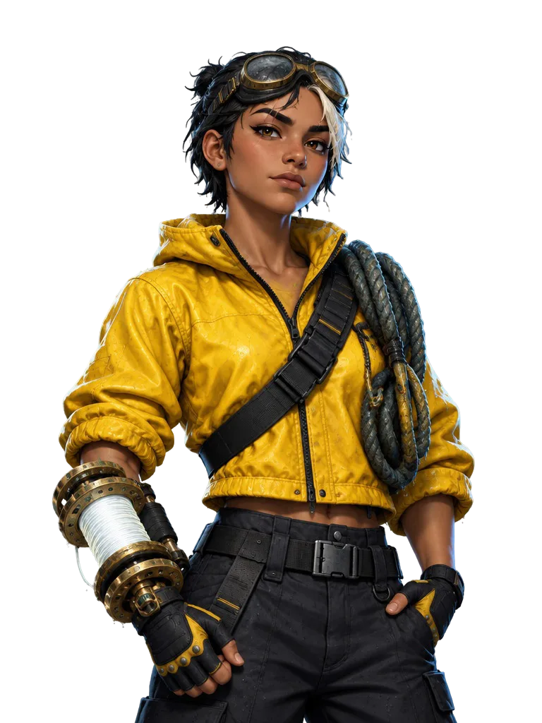 Juno Vale dari Undertow: rambut basah diikat, kacamata selam di dahi, jas hujan kuning, gulungan tali di bahu, gulungan tambatan di lengan kanan.